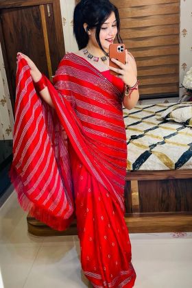 Red Cotton Thread Embroidery Work Saree