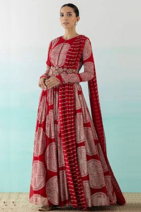 Red Digital Printed Faux Georgette Anarkali Gown