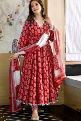 Red Digital Printed Satin Silk Long Anarkali Style Gown