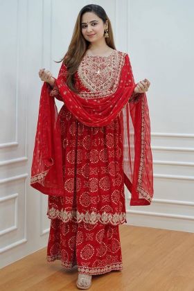 Red Digital Printed Stitched Palazzo Salwar Suit