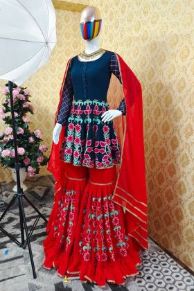 Red Embroidered Ruffle Sharara Salwar Suit