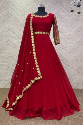 Red Embroidery Work Anarkali Gown