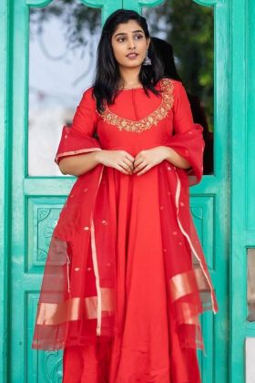 Red Embroidery Work Anarkali Gown For Festival