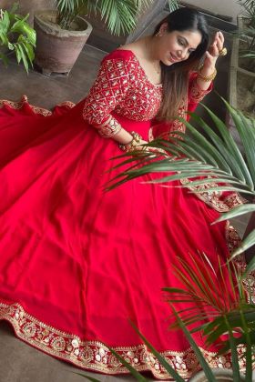Red Embroidery Work Faux Georgette Gown