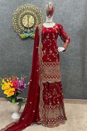 Red Embroidery Work Faux Georgette Sharara Dress