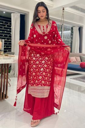 Red Embroidery Work Faux Georgette Straight Salwar Suit