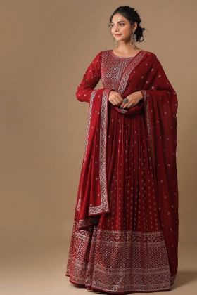 Red Embroidery Work Faux Georgette Wedding Gown