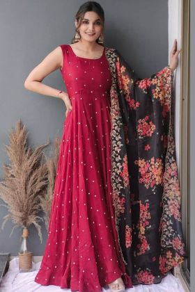 Red Embroidery Work Gown With Printed Dupatta