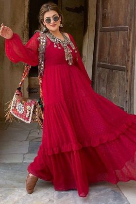 Red Embroidery Work Long Frill Anarkali Gown