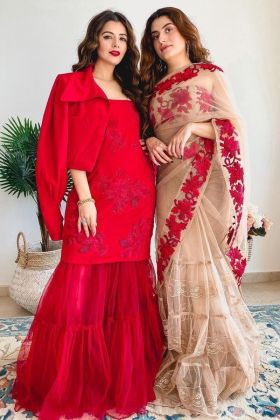 Red Embroidery Work Mother Daughter Saree And Salwar Suit Combo