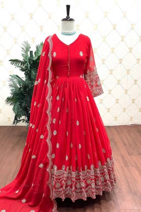Red Embroidery Work Readymade Gown