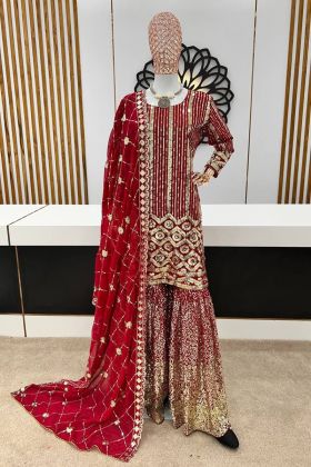 Red Embroidery Work Sharara Dress For Wedding