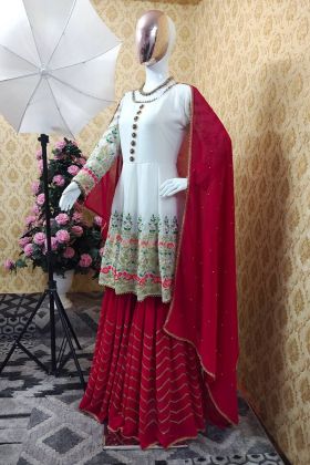 Red Embroidery Work Sharara Style Salwar Suit