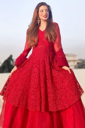 Red Embroidery Work Soft Net Anarkali Gown