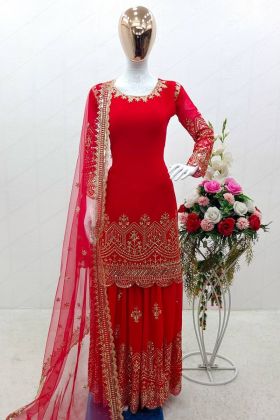 Red Embroidery Work Stitched Salwar Suit