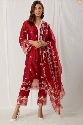 Red Embroidery Work Straight Salwar Suit