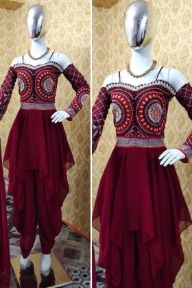 Red Embroidery Work Top With Plain Dhoti