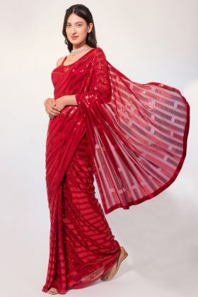 Red Fancy Sequence Work Saree