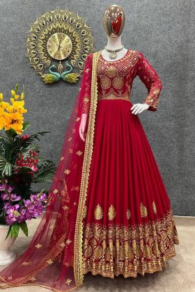 Red Faux Georgette Embroidery Work Wedding Gown