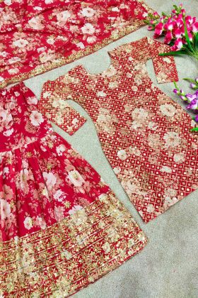 Red Faux Georgette Flower Printed Embroidery Work Sharara Suit