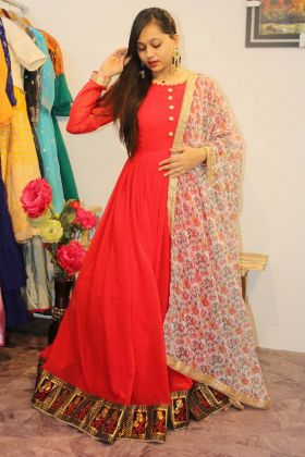 Red Faux Georgette Jacquard Anarkali Style Long Gown