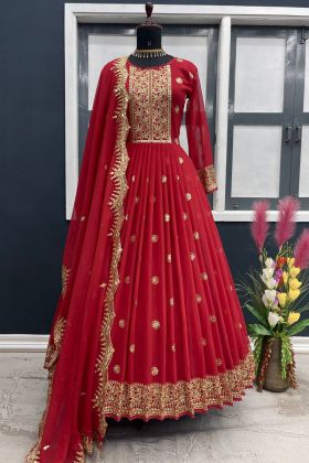 Red Faux Georgette Sequence Work Anarkali Gown