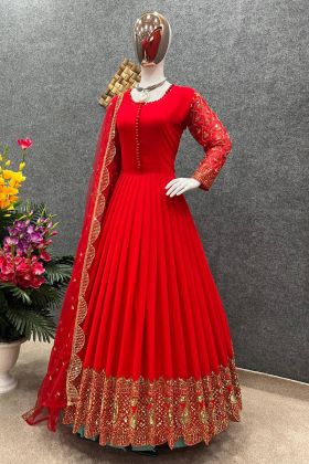 Red Faux Georgette Sequence Work Long Anarkali Gown For Wedding