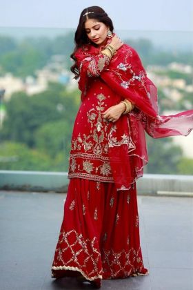 Red Faux Georgette Sequence Work Palazzo Salwar Suit