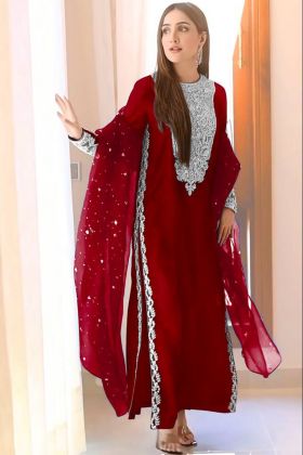 Red Faux Georgette Sequence Work Straight Suit
