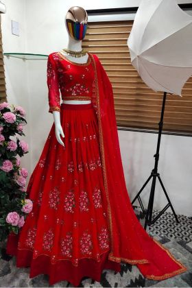 Red Flower Embroidery Work Lehenga Choli