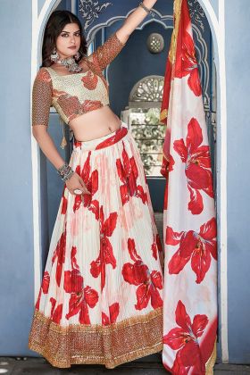 Red Flower Printed Crushed Chinon Embroidered Lehenga