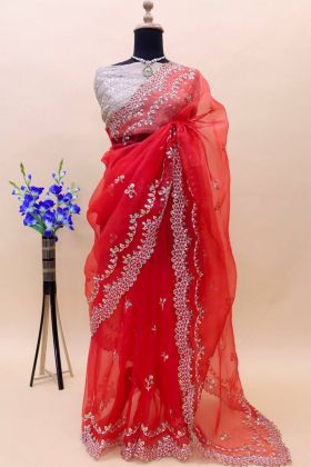 Red Georgette Sequence Embroidered Saree