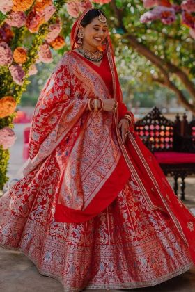 Red Gold Zari Weaving Work Banarasi Silk Lehenga Choli