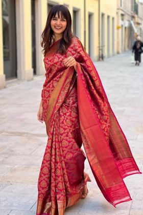 Red Golden Zari Weaving Work Soft Silk Saree