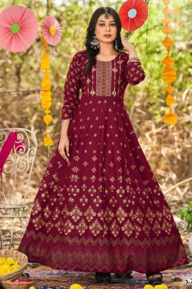 Red Heavy Embroidered Printed Anarkali Kurti