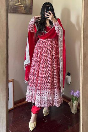 Red Heavy Georgette Embroidery Work Readymade Anarkali Gown
