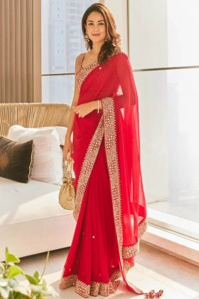 Red Heavy Georgette Hand Crafted Saree
