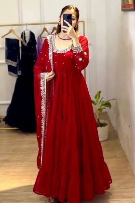 Red Heavy Georgette Rivet Moti Work Anarkali Gown