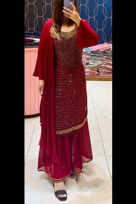 Red Heavy Georgette Sequence Work Sharara Salwar Suit