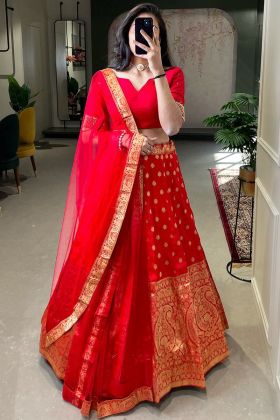 Red Jacquard Silk Weaving Work Wedding Lehenga Choli