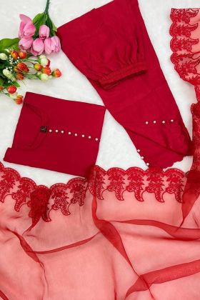 Red Maska Cotton Silk Moti Work Salwar Suit