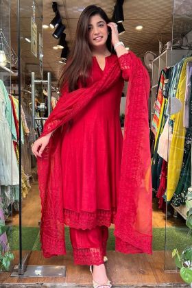 Red Mono Silk Embroidery Work Gown With Pant