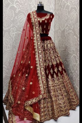 Red Multi Embroidery Work 9000 Velvet Lehenga Choli