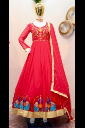 Red Peacock Embroidered Long Anarkali Gown