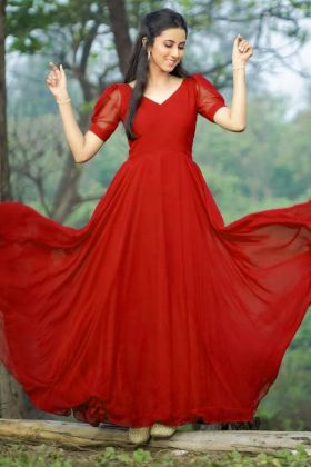 Red Plain Anarkali Gown With Fancy Sleeves