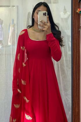 Red Plain Gown With Sequence Work Dupatta