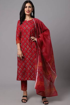 Red Printed Heavy Rayon Ready To Wear Straight Dress
