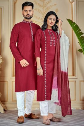 Red Pure Cotton Weaving Work Couple Special Salwar Suit Combo