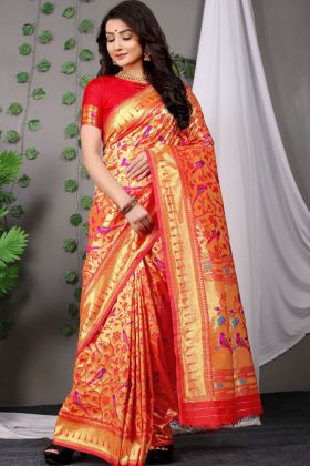 Red Pure Silk Golden Weaving Work Paithani Saree