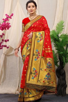 Red Pure Silk Golden Zari Weaving Work Saree
